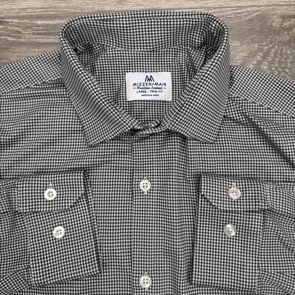 Mizzen+Main Dress Shirt Mens L Trim Fit Black White Gingham Button Up USA Made